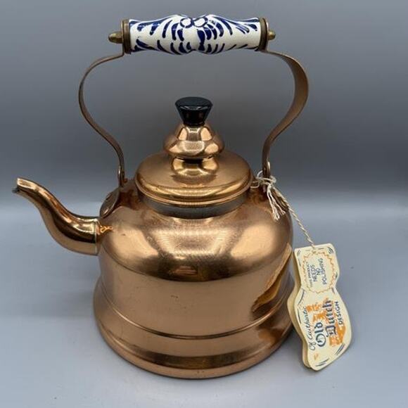 Vintage Old Dutch Solid Copper Tea Kettle with Blue & White Ceramic Handle NEW - Picture 1 of 10